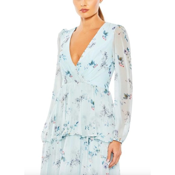 Anthropologie Mac Duggal Ruffled Floral Print Illusion Long Sleeve Gown Dress 14 - Picture 6 of 9